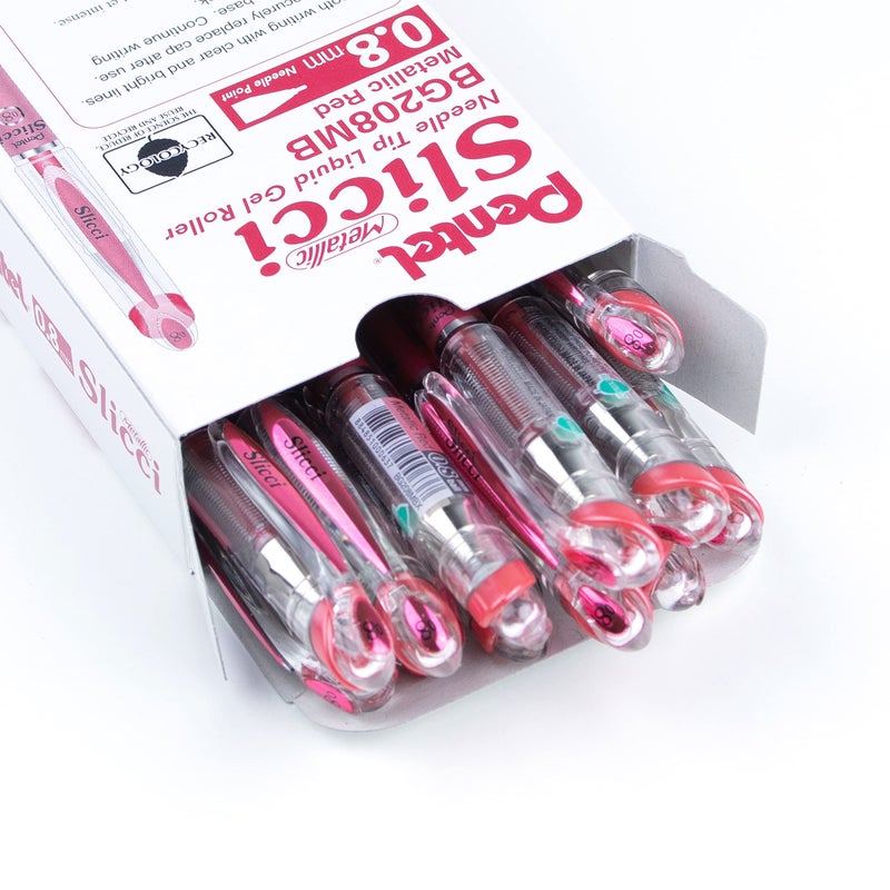 بنتل قلم جل برأس إبرة من Pentel Arts Slicci Metallic 0.8 مم، حبر أحمر معدني، صندوق من 12 قطعة (BG208-MB) - Image 3